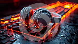 Backlit mechanical keyboard with red lighting under water droplets, with black headphones resting on top