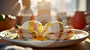 Backlit Plate of Eggs Benedict Breakfast on Table - Generative AI