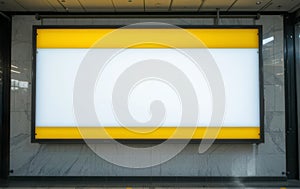 Backlit rectangular sign with yellow borders and a bright white center, empty display frame.