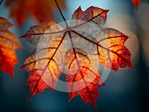 Backlit Red And Orange Maple Leaf Close Up