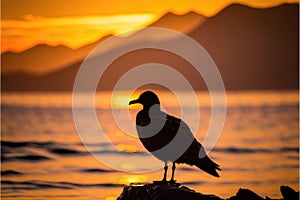 Backlit with a seagull in the foreground and a amazing golden sunset in the background. Generative AI