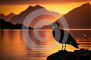 Backlit with a seagull in the foreground and a amazing golden sunset in the background. Generative AI