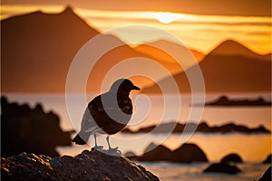 Backlit with a seagull in the foreground and a amazing golden sunset in the background. Generative AI