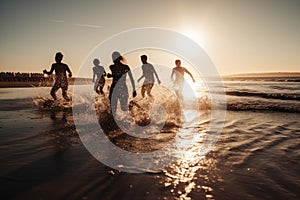 Backlit shot of teenagers running, having fun, playing and splashing water around them. At the beach during a sunny afternoon