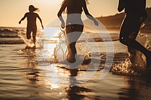 Backlit shot of teenagers running, having fun, playing and splashing water around them. At the beach during a sunny afternoon