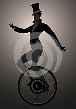 Backlit silhouette of equilibrist dressed in the old fashion, wearing top hat, balancing on unicycle