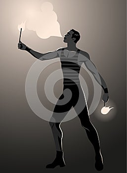 Backlit silhouette of fire eater in vintage style, spitting fire and wearing old clothes