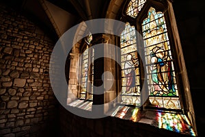 backlit stained glass in castle windows