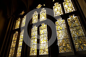 backlit stained glass in castle windows