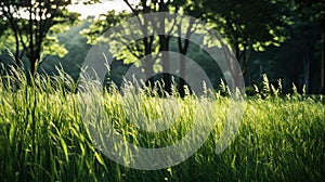 Backlit tall grass field with sunset light filtering through