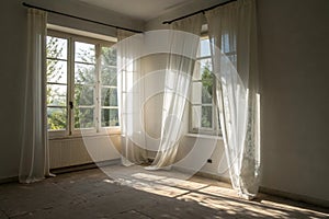 Backlit window with white curtains in empty room