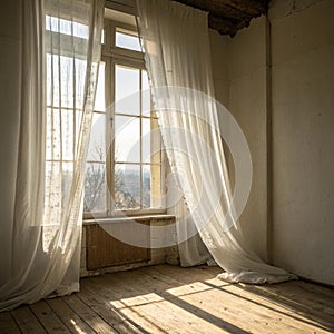 Backlit window with white curtains in empty room