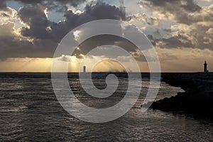 Backlit winter seascape at sunset