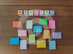 Backlog word in colorful letters with requirements.Concept.