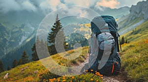 Backpack on alpine trail with colorful flowers