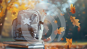 The backpack with autumn leaves.AI generated image