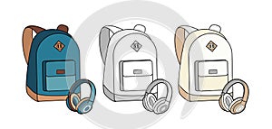 Backpack, bag, rucksack and headphones vector isolated set. Youth fashion hipster knapsack illustration in minimalist style.