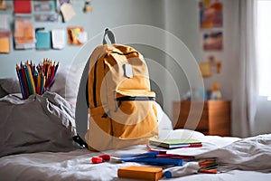 Backpack bag and school supplies on the bed, blurred background.