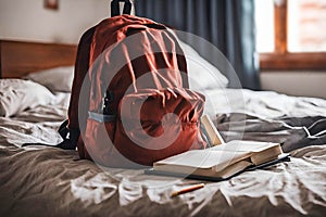 Backpack bag and school supplies on the bed, blurred background.