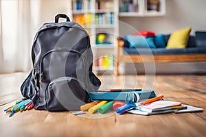 Backpack bag and school supplies on the wooden floor, blurred background.