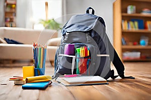 Backpack bag and school supplies on the wooden floor, blurred background.