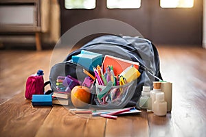 Backpack bag on the wooden floor, blurred background.