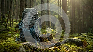 The backpack and boots in forest.AI generated image