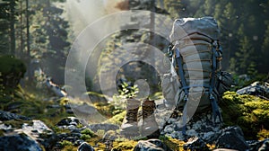 The backpack and boots in forest..AI generated image