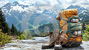 The backpack and boots of a hiker rest on a rocky outcropping overlooking a majestic mountain landscape photo