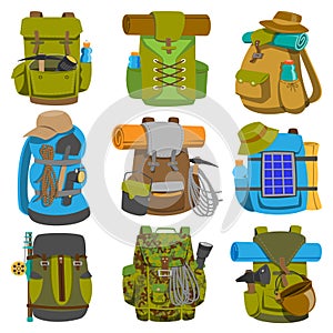 Backpack camp vector backpacking travel bag with tourist equipment in hiking camping and climbing sport knapsack or