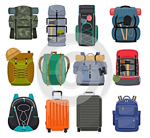 Backpack camp vector backpacking travel bag with tourist equipment in hiking camping and climbing sport knapsack or