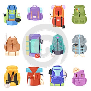 Backpack camp vector hiking camping and climbing sport knapsack rucksack illustration set of backpacking travel bag with