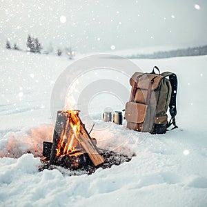 Backpack and Campfire in Snowy Setting isolated on white background