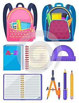 School Bag with Chancellery, Office Sign Vector photo