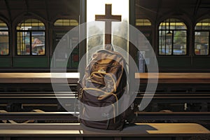 A backpack and a cross on a platform of a train station. Missionary work