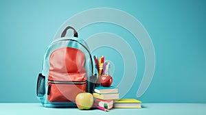 Backpack with different colorful stationery and apple on table and blue background. Banner design back to school concept
