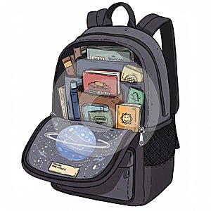 A backpack filled with books and notebooks. The backpack