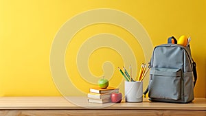 Backpack filled with school items on table, AI generated Illustration