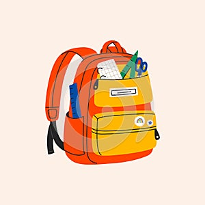 Backpack full stationery and study supplies. Colorful schoolbag with copybooks, rulers, pencil