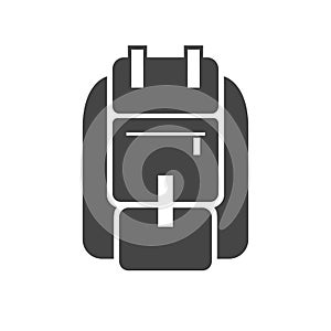 Backpack for hiking, camping, sport bold black silhouette icon isolated on white. Knapsack, schoolbag.