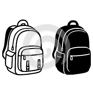 Backpack illustration, black and white, outline and silhouette, transparent background