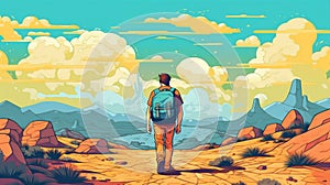 backpack man journey person landscape hike trek desert travel walking adventure. Generative AI.