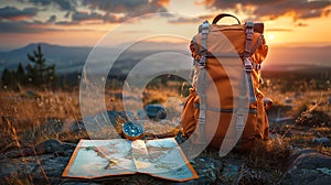 Backpack, map and compass on the background of the horizon.