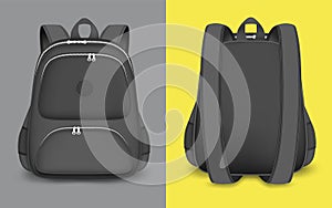 Backpack mockup set, vector isolated illustration. Realistic black school bag, rucksack with zipper, handle, straps