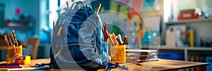 A backpack overflowing with school supplies like pens, pencils, and notebooks, symbolizing preparation and organization.