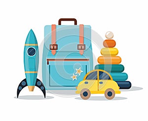 Backpack, pyramid, car and rocket. Clorful Kids toys