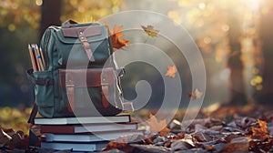 The Backpack and Books in Autumn. AI generated photo