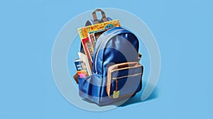 Backpack with school supplies, isolated on blue background