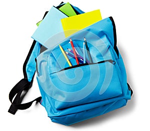 Backpack with school supplies, isolated on white