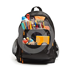 Backpack with school supplies isolated on white background. Back to school concept Ai generated